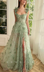 L0948 - Butterfly Applique Illusion High Slit With Train Evening Party Prom Dress