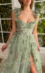 L0948 - Butterfly Applique Illusion High Slit With Train Evening Party Prom Dress