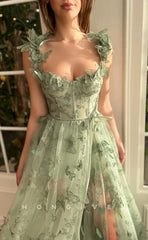 L0948 - Butterfly Applique Illusion High Slit With Train Evening Party Prom Dress
