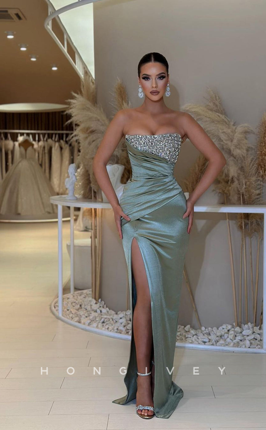 L0951 - Sparkly Ormate Sheer Beaded Tube Top Paneled High Slit With Train  Evening Party Prom Dress