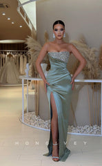 L0951 - Sparkly Ormate Sheer Beaded Tube Top Paneled High Slit With Train  Evening Party Prom Dress