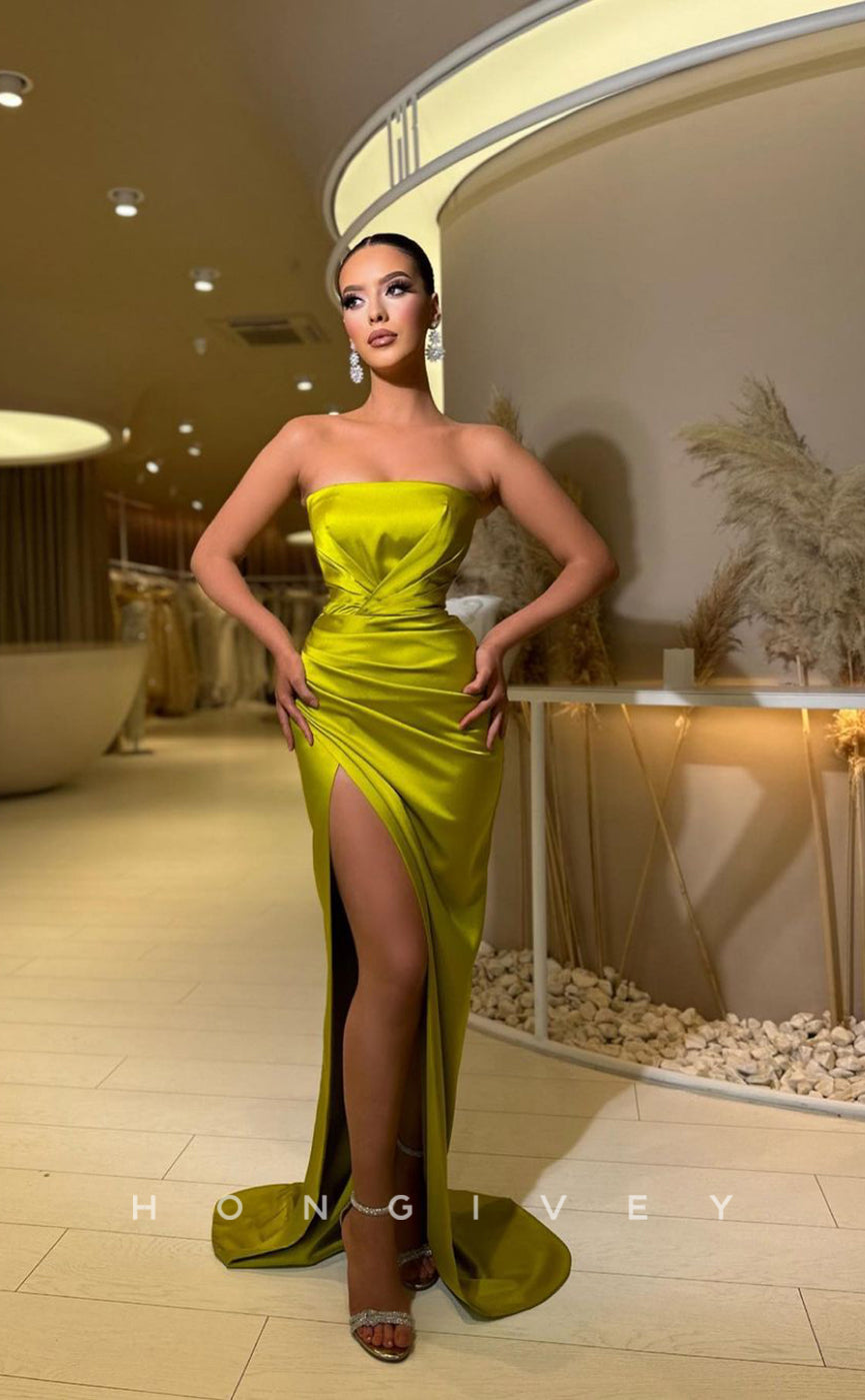 L0955 - Simple Strapless High Slit With Train  Evening Party Prom Dress