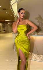 L0955 - Simple Strapless High Slit With Train  Evening Party Prom Dress