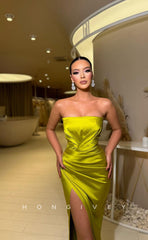 L0955 - Simple Strapless High Slit With Train  Evening Party Prom Dress