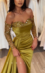 L0965 - Glitter Sequined Embellished With Train And High Slit Formal Evening Party Prom Dress