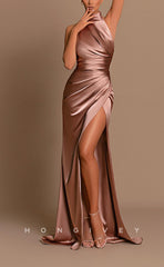 L0967 - Couture High Neck With Train And High Slit Formal Evening Party Prom Dress