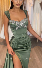 L0969 - Sparkly Crystal Beaded With Train And High Slit Evening Party Formal Prom Dress
