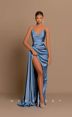 L0974 - Simple Couture Strapless Draped With Train and High Slit Evening Party Prom Formal Dress
