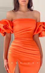 L0978 - Simple Draped Detachable Bubble Sleeves With Train and High Slit Party Prom Formal Evening Dress