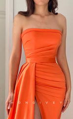 L0978 - Simple Draped Detachable Bubble Sleeves With Train and High Slit Party Prom Formal Evening Dress