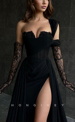 L0979 - Sexy Illusion Asymmetrical Lace Sleeves With Train and High Slit Party Prom Formal Evening Dress