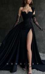L0979 - Sexy Illusion Asymmetrical Lace Sleeves With Train and High Slit Party Prom Formal Evening Dress