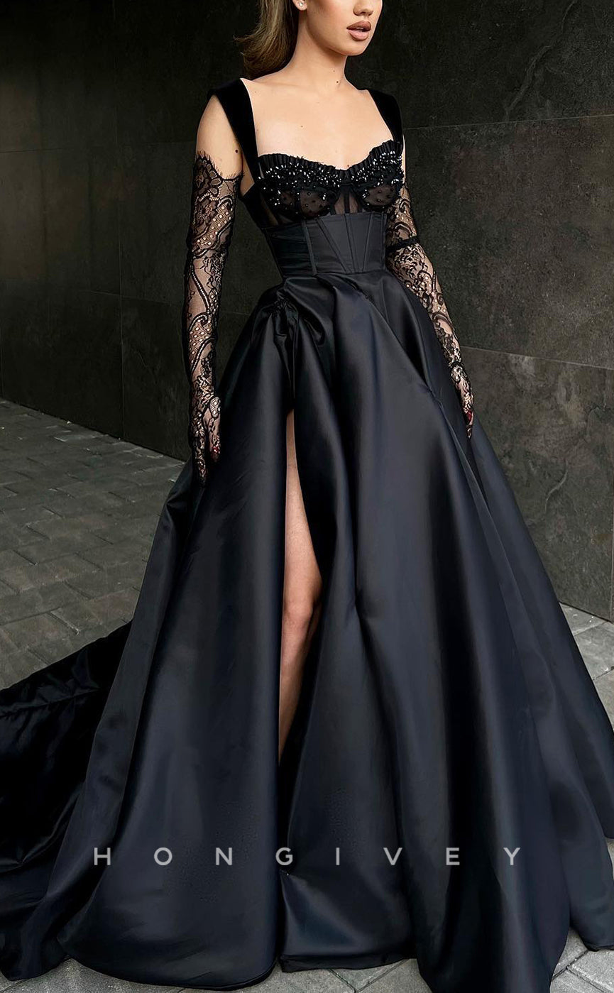 L0980 - Sexy Ornate Illusion Lace Sleeves With Train and High Slit Party Prom Formal Evening Dress