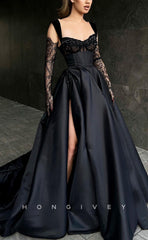 L0980 - Sexy Ornate Illusion Lace Sleeves With Train and High Slit Party Prom Formal Evening Dress