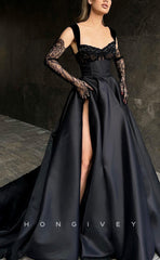 L0980 - Sexy Ornate Illusion Lace Sleeves With Train and High Slit Party Prom Formal Evening Dress