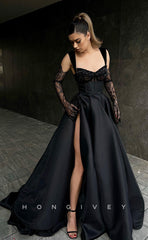 L0980 - Sexy Ornate Illusion Lace Sleeves With Train and High Slit Party Prom Formal Evening Dress