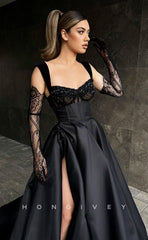 L0980 - Sexy Ornate Illusion Lace Sleeves With Train and High Slit Party Prom Formal Evening Dress
