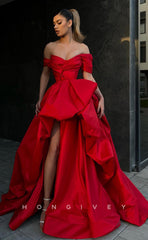 L0981 - Ornate Asymmetrical Sleeves With Train and Slit Party  Formal Evening Prom Dress