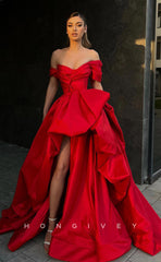 L0981 - Ornate Asymmetrical Sleeves With Train and Slit Party  Formal Evening Prom Dress