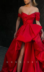 L0981 - Ornate Asymmetrical Sleeves With Train and Slit Party  Formal Evening Prom Dress