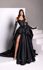 L0982 -Sexy Ornate Illusion Lace Sleeves Strapless With Train and High Slit Prom Formal Evening Party Dress