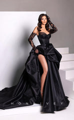 L0982 -Sexy Ornate Illusion Lace Sleeves Strapless With Train and High Slit Prom Formal Evening Party Dress
