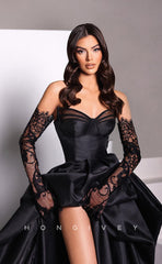 L0982 -Sexy Ornate Illusion Lace Sleeves Strapless With Train and High Slit Prom Formal Evening Party Dress