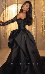 L0982 -Sexy Ornate Illusion Lace Sleeves Strapless With Train and High Slit Prom Formal Evening Party Dress