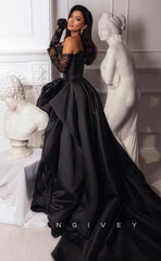 L0982 -Sexy Ornate Illusion Lace Sleeves Strapless With Train and High Slit Prom Formal Evening Party Dress