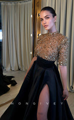 L0983 - Sparkly Sequined Paneled With Train and High Slit Prom Formal Evening Party Dress