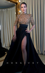 L0983 - Sparkly Sequined Paneled With Train and High Slit Prom Formal Evening Party Dress