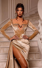 L0985 - Ornate Long Sleeve Crystal Beaded Cutout With Train and High Slit PromEvening Party Formal Dress