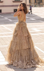 L0988 - Ornate Deep V-Neck Sleeveless With Train Cake Prom Evening Party Formal Dress