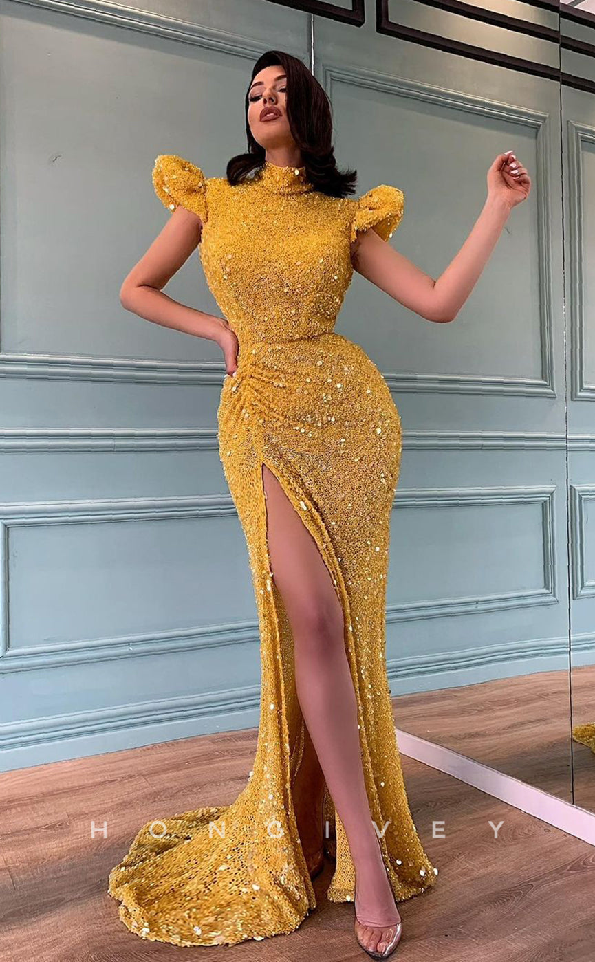 L0993 - Sparkly Fully Sequined Halter With Train And Slit Prom Evening Party Formal Dress