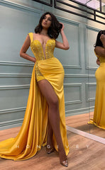 L0994 - Glitter Sequined Paneled Plunging Illusion With Train And Slit Prom Evening Party Formal Dress