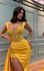 L0994 - Glitter Sequined Paneled Plunging Illusion With Train And Slit Prom Evening Party Formal Dress