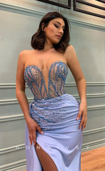 L0995 - Glitter Rhinestone Embellished Plunging Illusion With Train And Slit Prom Evening Formal Party Dress