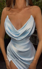 L1023 - Simple Couture Strapless With Train And Slit Evening Party Prom Formal Dress