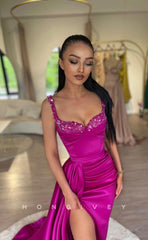 L1024 - Sequined Embellished Ruched With Train And Slit Evening Party Prom Formal Dress