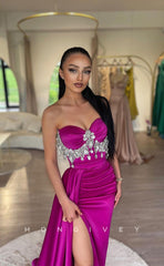 L1025 - Crystal Beaded Strapless Ruched With Train And Slit Evening Prom Formal Party Dress