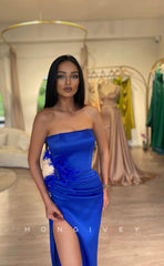 L1027 - Feathered Embellished Strapless With Train And Slit Evening Formal Party Prom Dress