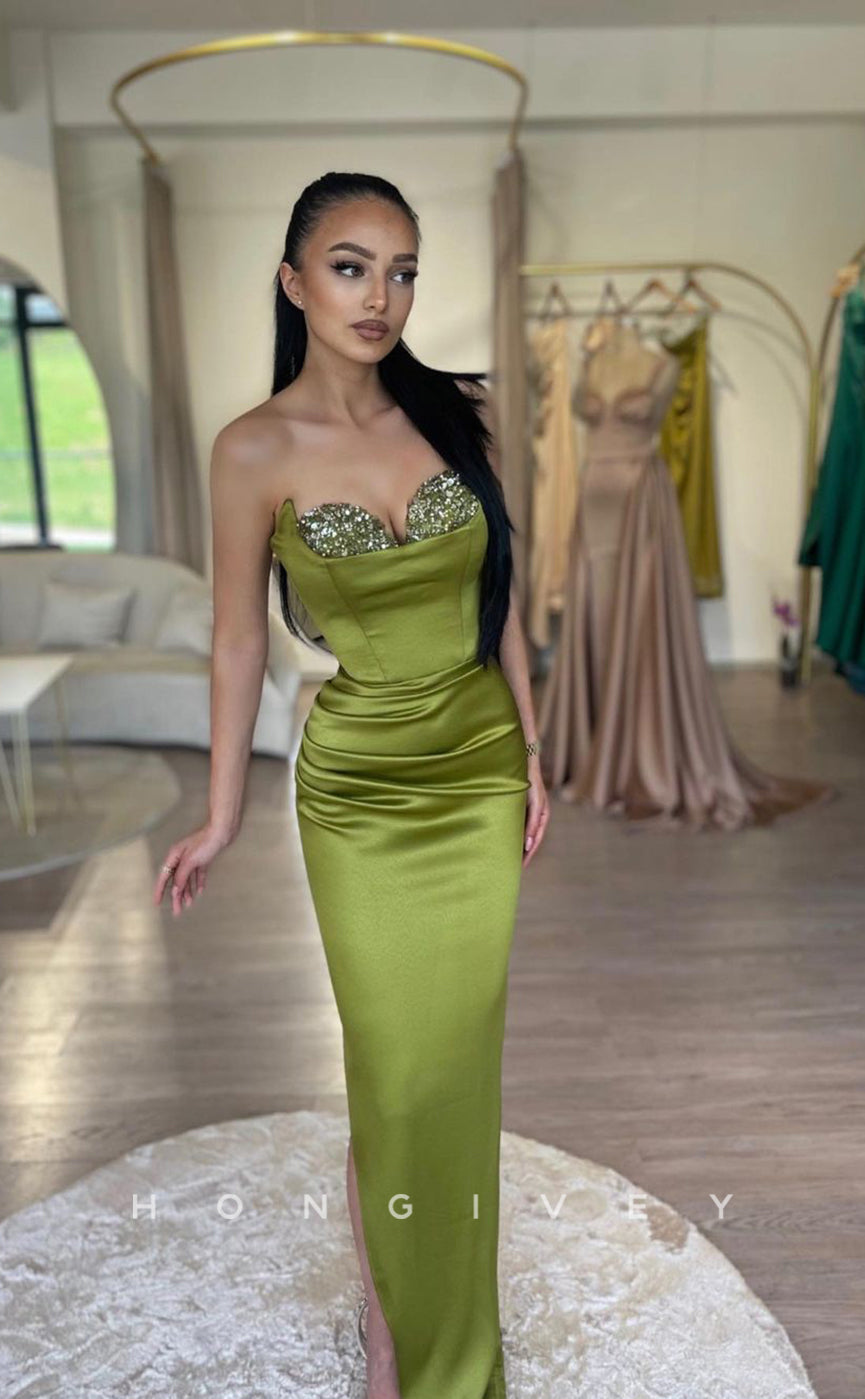 L1028 - Sequined Embellished Strapless With Train Formal Party Prom Evening Dress