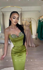 L1028 - Sequined Embellished Strapless With Train Formal Party Prom Evening Dress
