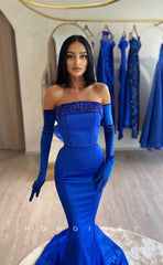 L1029 - Sequined Embellished Strapless Long Sleeve Trumpet With Train Evening Formal Party Prom Dress