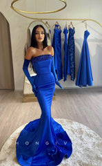 L1029 - Sequined Embellished Strapless Long Sleeve Trumpet With Train Evening Formal Party Prom Dress