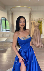 L1030 - Crystal Beaded Strapless With Train And Slit Formal Party Prom Evening Dress
