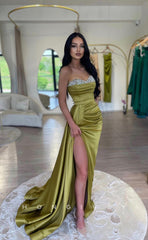 L1031 - Sexy Crystal Beaded Strapless With Train And Slit Evening Party Prom Formal Dress
