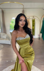 L1031 - Sexy Crystal Beaded Strapless With Train And Slit Evening Party Prom Formal Dress