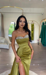 L1031 - Sexy Crystal Beaded Strapless With Train And Slit Evening Party Prom Formal Dress