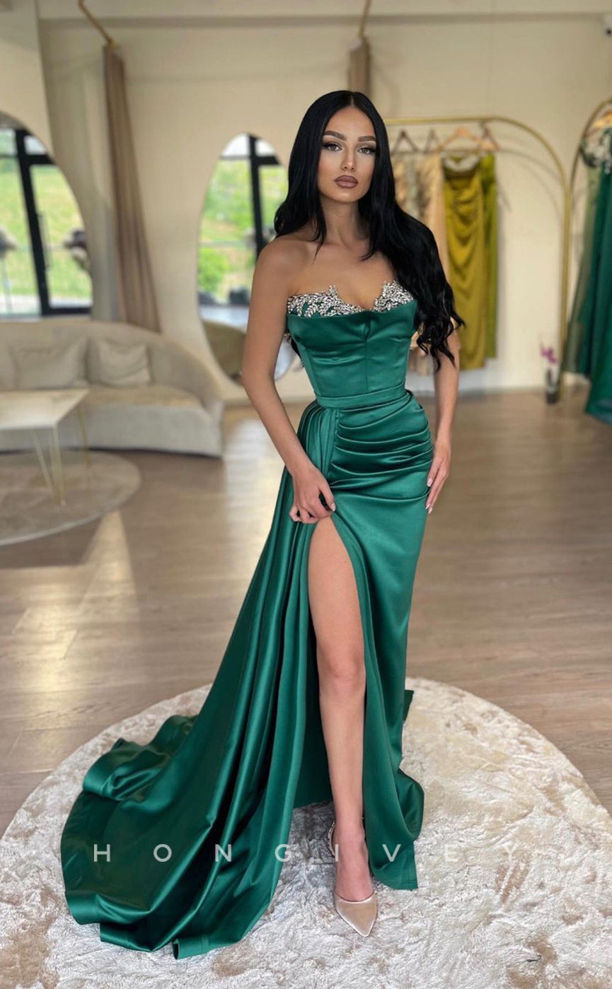 L1034 - Crystal Beaded Strapless Ruched With Train And Slit Evening  Prom Formal Prom Party Dress